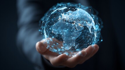 Futuristic digital globe of earth held in hand symbolizing global connectivity and technology