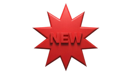 Red starburst with the word NEW isolated PNG on transparent background, promotional graphic for sales and marketing campaigns