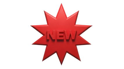 Red starburst with the word NEW isolated PNG on transparent background, promotional graphic for sales and marketing campaigns