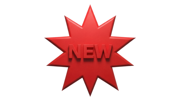 Red starburst with the word NEW isolated PNG on transparent background, promotional graphic for sales and marketing campaigns