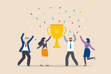 Team celebrating success with golden trophy and confetti falling down