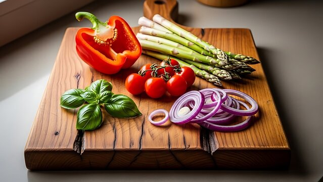 Fresh Vegetables on a Wooden Cutting Board Displaying Vibrant Colors and Culinary Appeal for Healthy Eating - Powered by Adobe