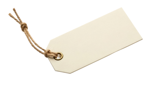 Blank beige paper tag with jute twine isolated PNG, price label for retail and product branding on transparent background