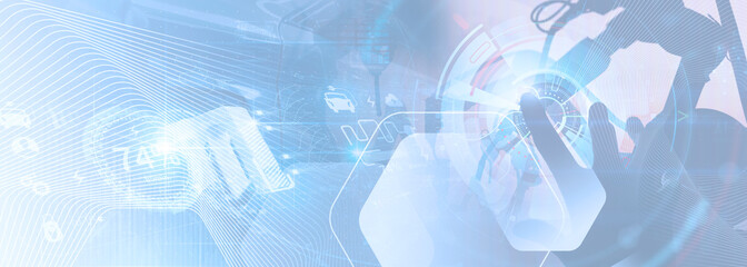 Futuristic Digital Interface with Hand Touching Virtual Controls