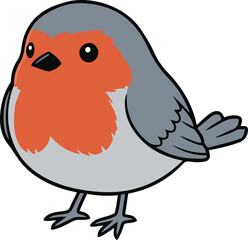 Fototapeta premium A cute and chubby European Robin vector illustration featuring a round grey body with a signature bright orange breast and face, designed in a simple bold cartoon style.