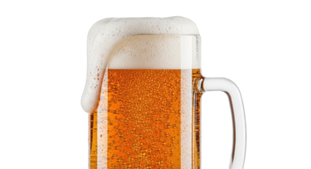 Frothy Amber Beer in Glass Mug Overflowing with Foam isolated on a transparent background golden