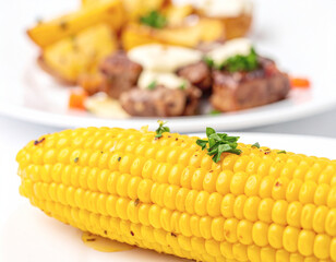 Yellow corn cob, healthy side dish, blurred background. AI