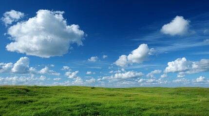 Obraz premium Vibrant green meadow meets a breathtaking blue sky with fluffy clouds, perfect for conveying peace, freedom, and natural beauty