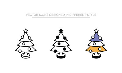 Christmas Tree icon set in different style with white background illustration