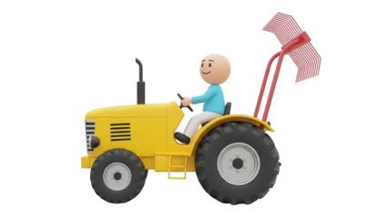 Yellow tractor with a smiling driver PNG isolated on transparent background, farm vehicle with red hay rake for agriculture