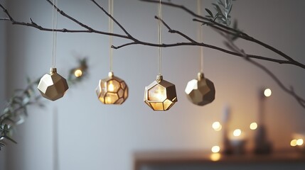 Elegant geometric gold ornaments sparkle on a bare branch, creating a sophisticated festive holiday display with warm ambient bokeh lights in the background.