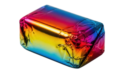 Colorful rainbow wrapped candy isolated PNG, foil wrapped sweet treat on transparent background for party favors and holiday celebrations