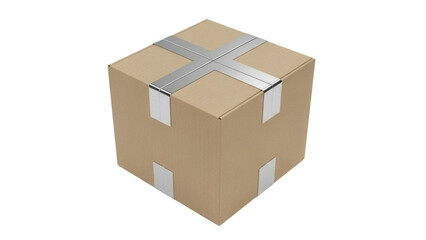 Cardboard box with silver tape isolated PNG, brown cube package for shipping and delivery on transparent background