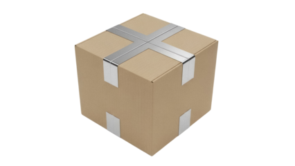 Cardboard box with silver tape isolated PNG, brown cube package for shipping and delivery on transparent background