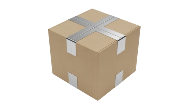 Cardboard box with silver tape isolated PNG, brown cube package for shipping and delivery on transparent background