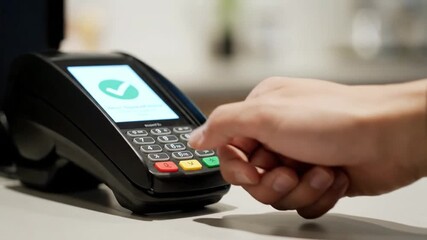 Person, payment and credit card with contactless technology at coffee shop, woman buying with phone app - Powered by Adobe