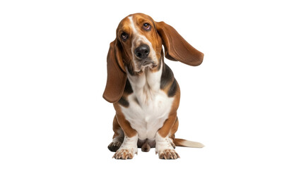 Adorable basset hound dog sitting isolated PNG, cute puppy with long ears and sad eyes for pet...