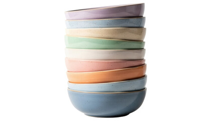 Stack of colorful ceramic bowls isolated PNG on transparent background, pastel tableware for kitchen and dining, modern design