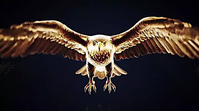 Epic 4K UHD opening shot of a golden phoenix made of shimmering metal particles bursting out of darkness, wings spreading toward the camera before the bird dives past the lens and leaves a trail