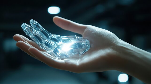 A human hand holding a crystal hand with a bright light shining from the center of the crystal hand