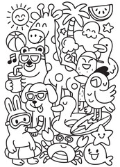 Summer animal cartoon giraffe bear rabbit crab bird beach palm happy playful