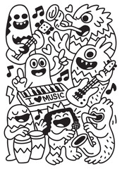 Fototapeta premium Cartoon monster band playing guitar, keyboard, saxophone, drums, singing, joyful music scene