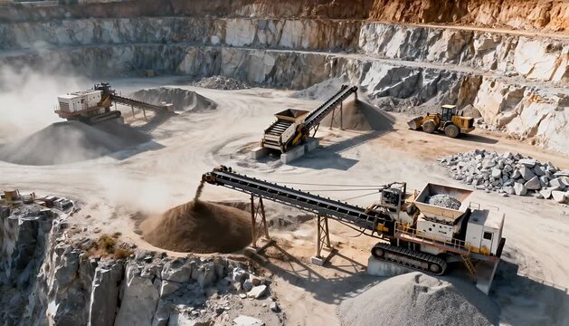 Excavation quarry machinery in operation crushing stone with conveyors and loaders moving materials.
