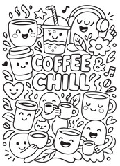 Coffee cup cartoon doodle happy chill music cute black and white illustration