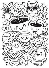 Coffee cup croissant cat watermelon music happy cartoon black and white doodle