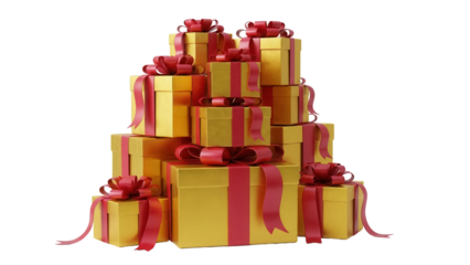 Stack of golden gift boxes with red ribbons isolated PNG, presents for Christmas, birthday or other holidays on transparent background