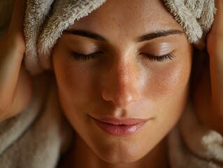 Woman Relaxing with Closed Eyes and Fluffy Towel on Head, Spa or Wellness Treatment, People Care and Relaxation Concept, Close-Up Portrait