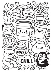 Cozy cat coffee cup donut bear penguin teapot plant and coffee beans cheerful mood