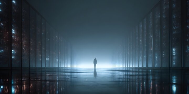 Futuristic data center corridor with glowing servers and a solitary person walking towards a bright light at the end of the hall