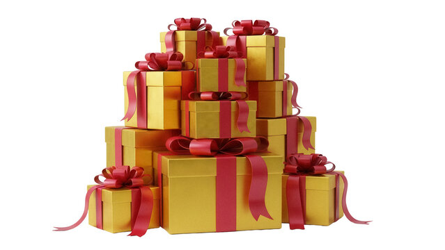 Stack of golden gift boxes with red ribbons isolated PNG, presents for Christmas, birthday or other holidays on transparent background