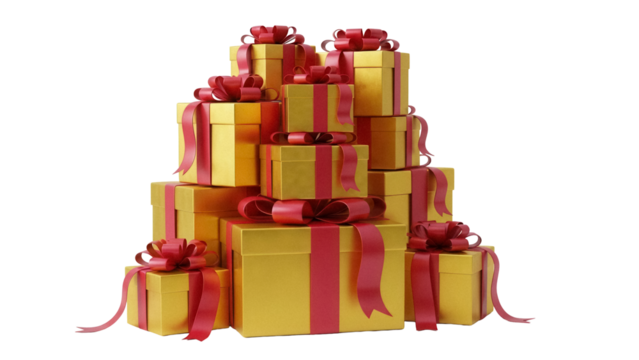 Stack of golden gift boxes with red ribbons isolated PNG, presents for Christmas, birthday or other holidays on transparent background