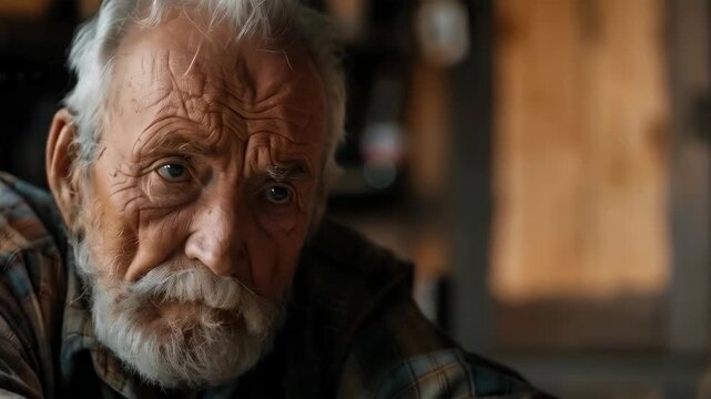 The gaze of a grey-haired old man with deep wrinkles and cloudy eyes expresses wisdom and life experience &mdash; an excellent backdrop for articles about memory, time and human destinies.
