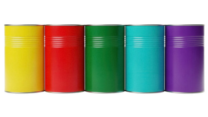 Row of colorful metal cans PNG isolated on transparent background, vibrant yellow red green blue purple containers for food storage