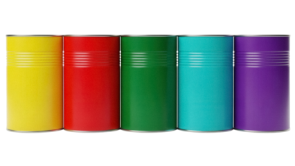 Row of colorful metal cans PNG isolated on transparent background, vibrant yellow red green blue purple containers for food storage