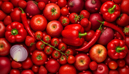 Fresh Red Fruits and Vegetables Flat Lay Overhead Generative AI
