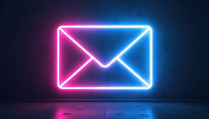Neon envelope icon glows on textured wall. Blue and pink lights illuminate a modern symbol for digital communication and electronic mail. Modern tech theme.