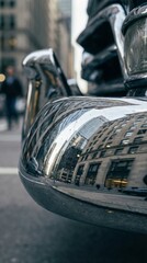 Close up of shiny chrome bumper reflecting distorted city buildings and moving traffic below