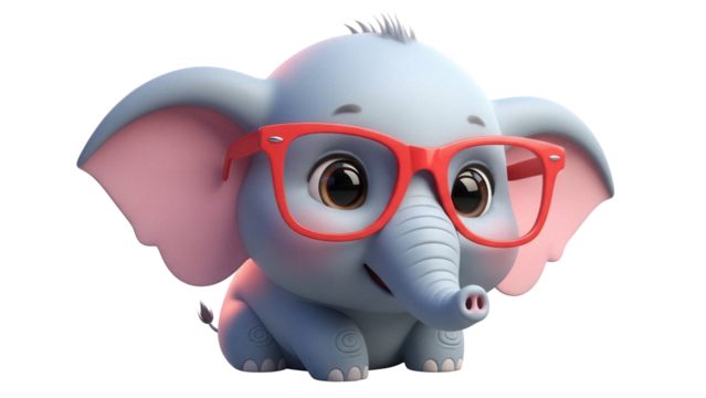 Adorable baby elephant cartoon character with red glasses isolated PNG, cute animal on transparent background for kids design