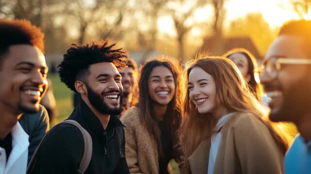 Group of diverse people enjoying sunset moment