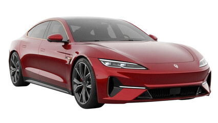Obraz premium Red electric car PNG isolated on transparent background, modern luxury vehicle for eco-friendly transportation and automotive design