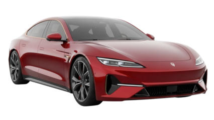 Red electric car PNG isolated on transparent background, modern luxury vehicle for eco-friendly transportation and automotive design