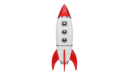Retro rocket ship PNG isolated on transparent background, vintage space shuttle with red fins and silver details, toy for kids © PICSPRO