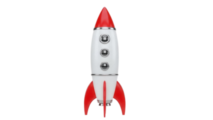 Retro rocket ship PNG isolated on transparent background, vintage space shuttle with red fins and silver details, toy for kids