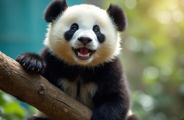 Fototapeta premium Cute baby panda sits on tree branch. Young bear cub with black eye patches smiles. Fluffy animal in green nature forest habitat during daytime.