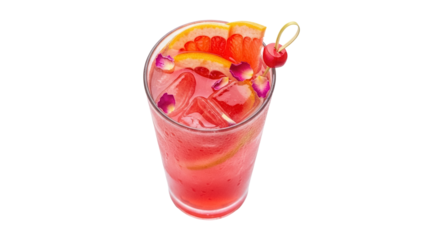 Refreshing pink grapefruit cocktail with cherry garnish isolated PNG, summer drink for party and bar menu on transparent background