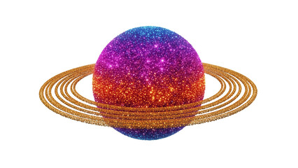 Sparkling planet with rings isolated PNG, colorful cosmic sphere with glitter texture on transparent background, celestial body for space and fantasy themes